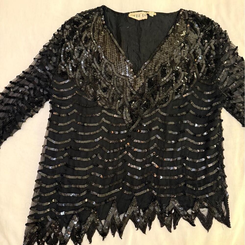 Vintage 90s Swee Lo black sequin top, 100% silk